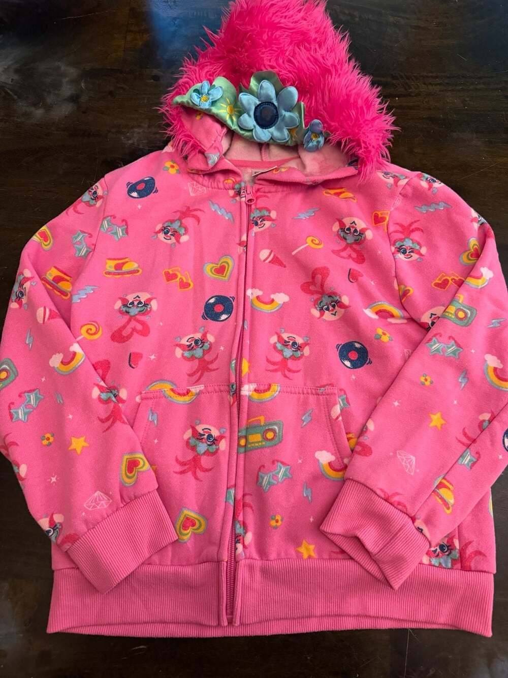 Trolls World Tour Pink Girls Zip Hoodie with 3D Furry Hair Size 14/16